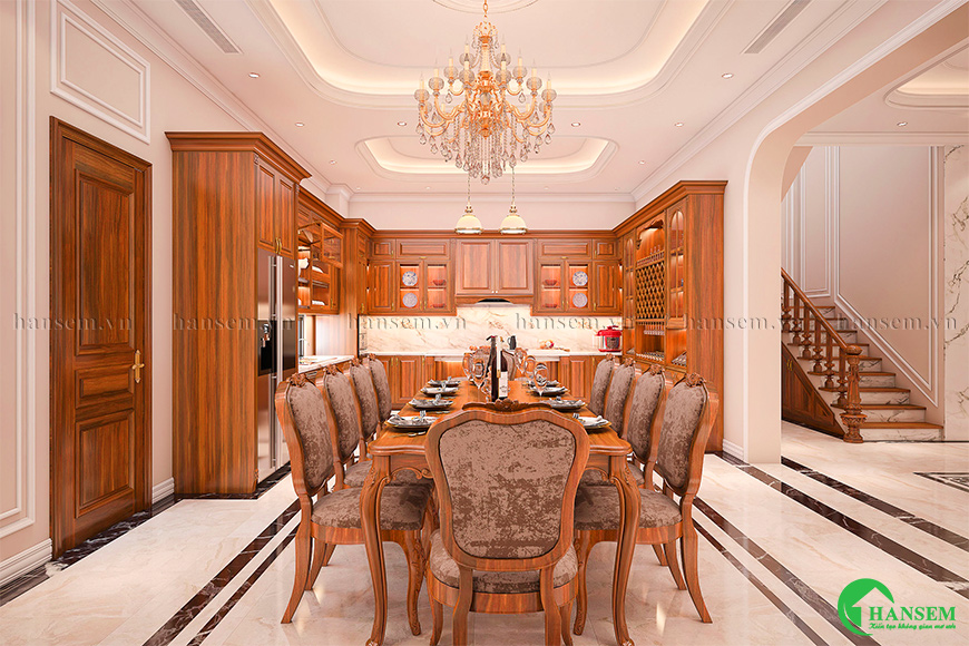 thiết kế phòng bếp gỗ gõ đỏ