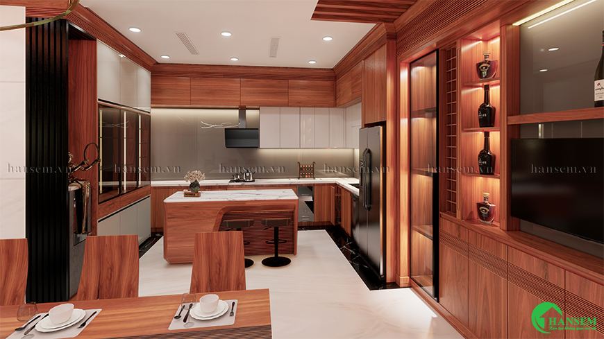thiết kế phòng bếp gỗ gõ đỏ