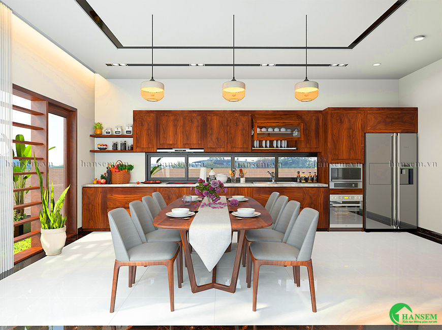 thiết kế phòng bếp gỗ gõ đỏ