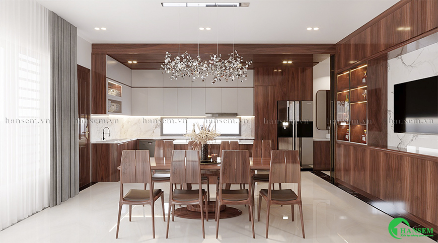 Tận dụng tốt góc bếp đồng thời phân chia vị trí nấu phù hợp mang lại cảm giác ấn tượng