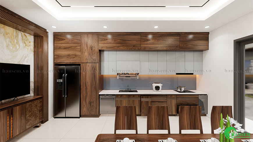 Tủ bếp gỗ Acrylic kết hợp tủ gỗ tự nhiên cao cấp ấn tượng ngay từ ánh nhìn đầu tiên