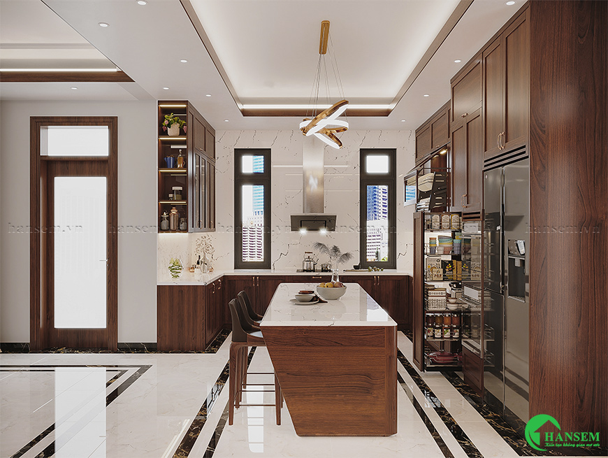 Mẫu tủ bếp chữ U rộng rãi phục vụ nhu cầu chứa đồ tiện dụng trong sinh hoạt bếp núc